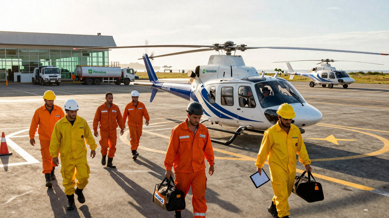 Trabalhadores em macacões laranja e amarelo caminham no heliporto com helicópteros da Petrobras ao fundo.