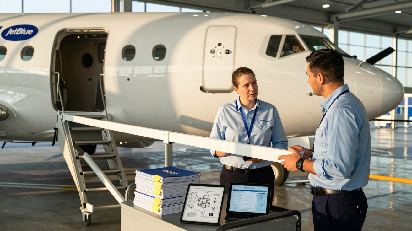 Dois técnicos conversam perto de uma aeronave JetBlue em hangar, com documentos e dispositivos eletrônicos sobre carrinho.