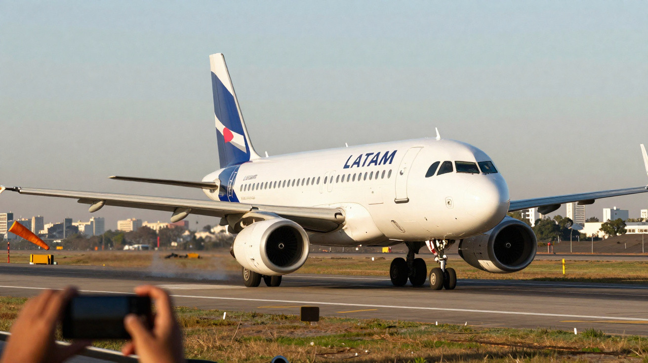 Avião da LATAM tocando pista durante pouso em aeroporto com pessoas fotografando.