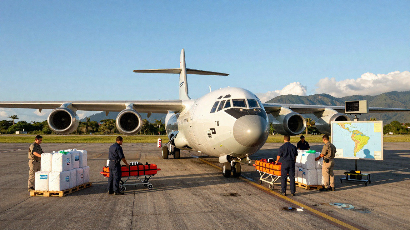 Avião cargueiro branco em pista com pessoas organizando suprimentos e mapa da América do Sul ao lado.
