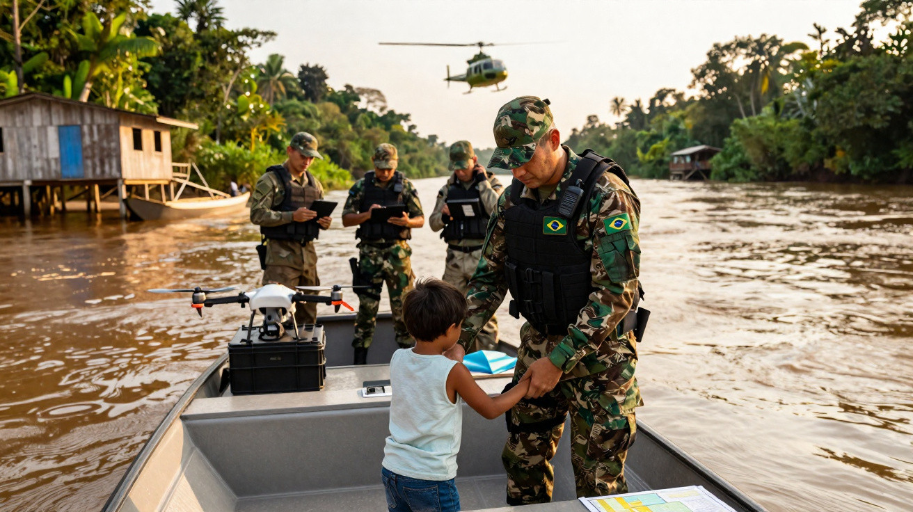 Militares brasileiros em barco no rio apoiam criança, com drone e helicóptero ao fundo em área amazônica.
