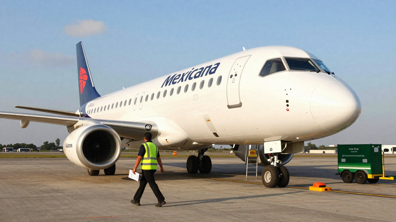 Avião da Mexicana estacionado no aeroporto com funcionário de colete amarelo caminhando próximo.