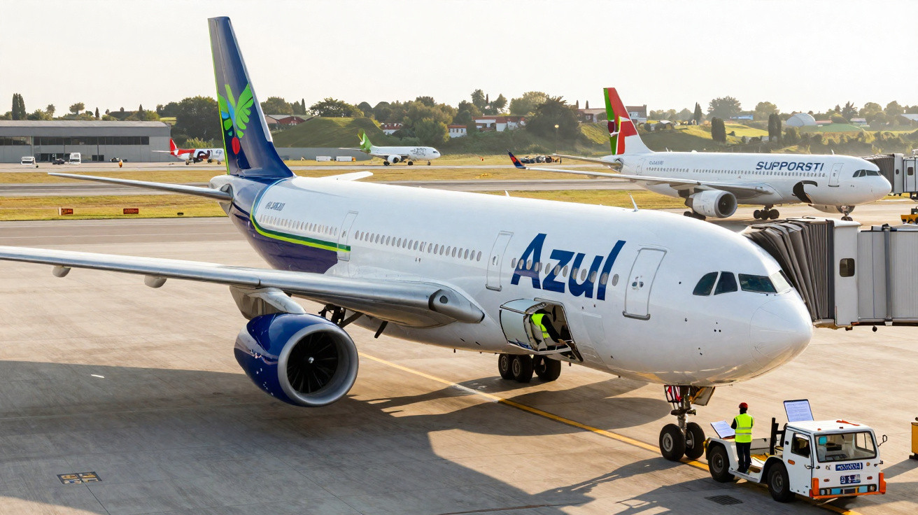Avião da Azul no portão de embarque no aeroporto, com outro avião ao fundo.