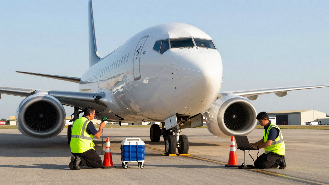 Técnicos em coletes amarelos inspecionam avião branco no pátio do aeroporto durante o dia.