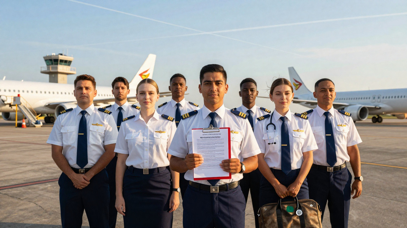 Pilotos em uniforme posando na pista de aeroporto com aviões ao fundo, um segurando um documento.