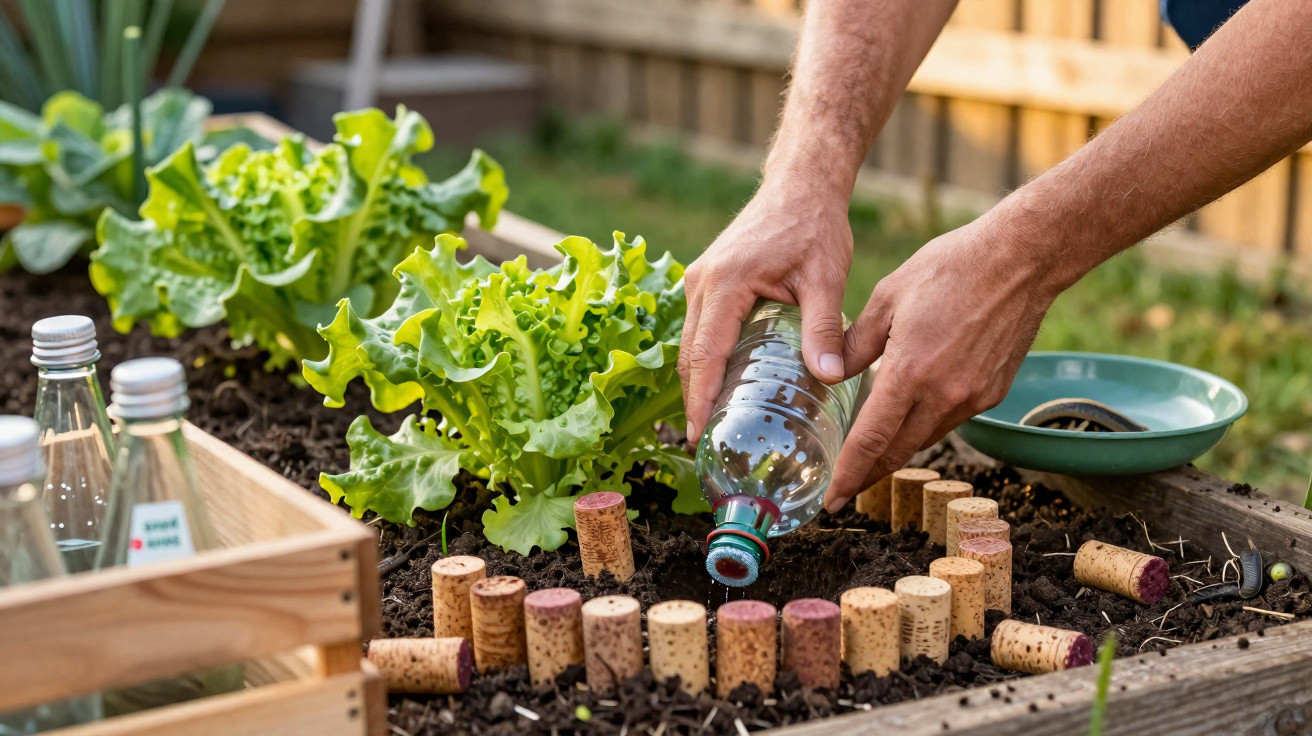 Pessoa regando planta em horta com garrafa reutilizada cercada por rolhas de vinho em canteiro elevado.