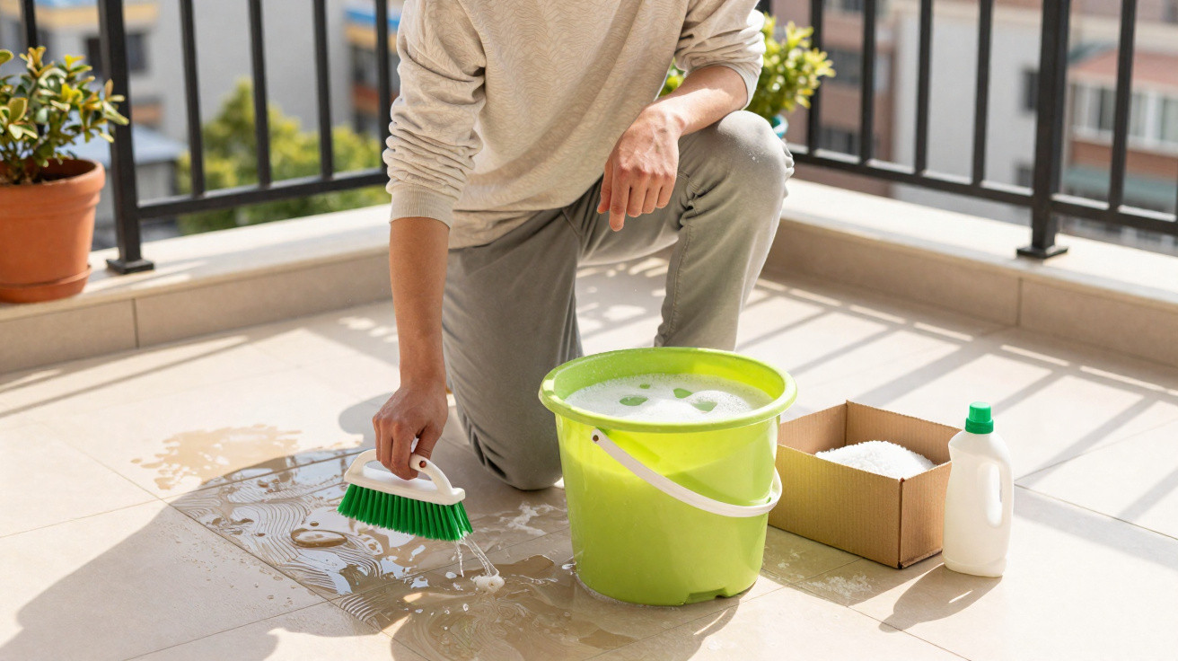Pessoa limpando chão de varanda com escova, balde verde e produtos de limpeza ao redor.