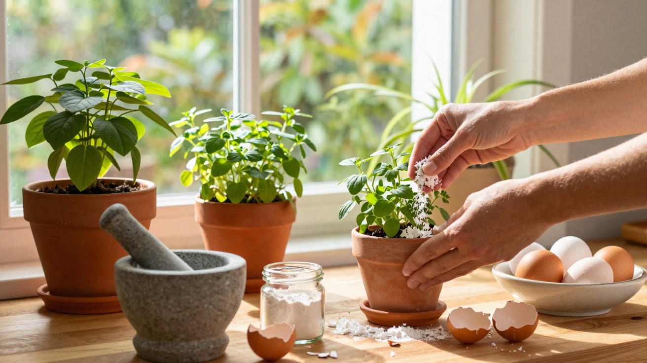 Mãos adicionando farinha em vaso com planta, cercado por outros vasos, pilão, ovos e janela iluminada.