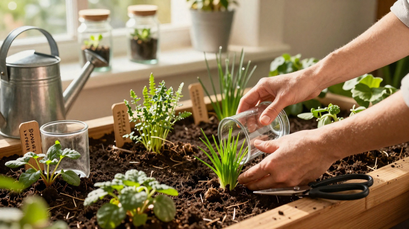 Mãos plantando mudas de ervas em caixa de madeira com regador e tesoura ao lado, próximo à janela.