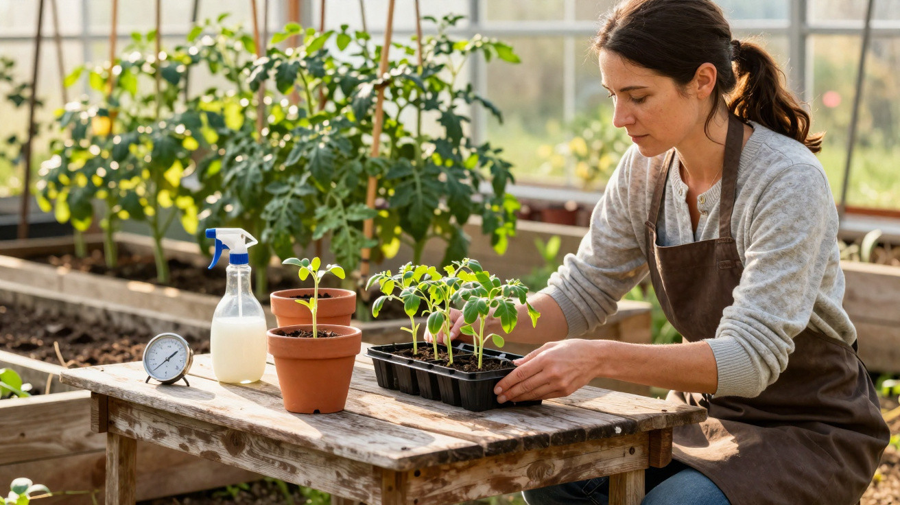 Mulher cuidando de mudas de plantas em estufa, com regador e termômetro ao lado.