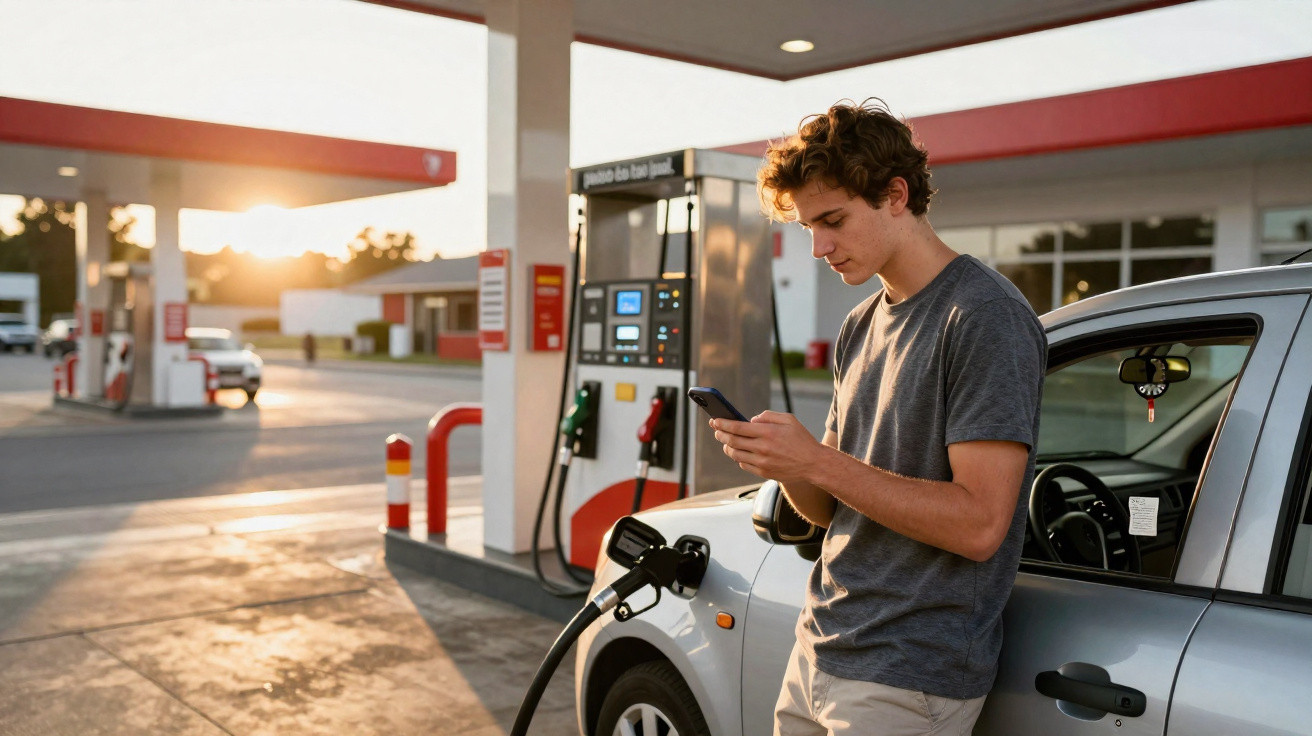 Jovem encostado em carro abastecendo em posto de combustível enquanto usa celular ao pôr do sol.