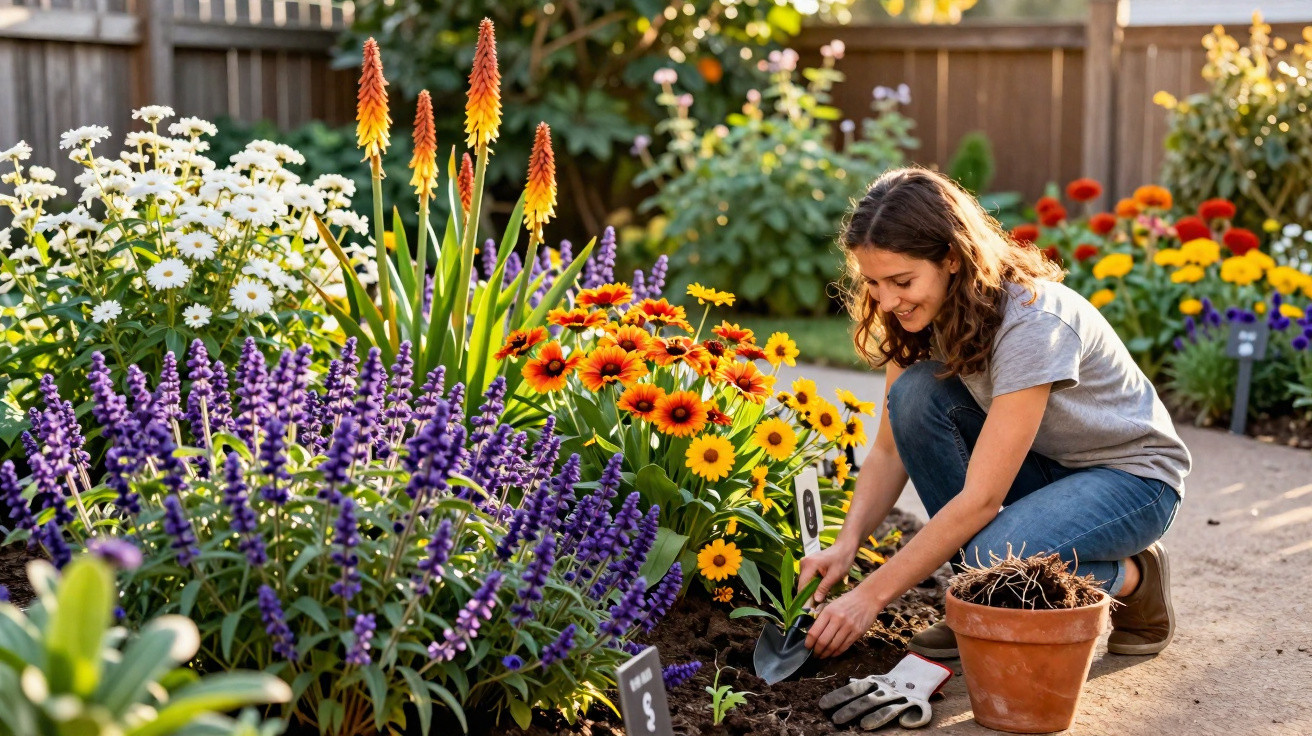 Mulher sorrindo cuidando de flores coloridas em jardim com luvas e vasos.