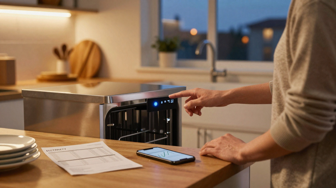 Pessoa usando o painel digital de uma máquina de lavar louça em cozinha moderna durante a noite.