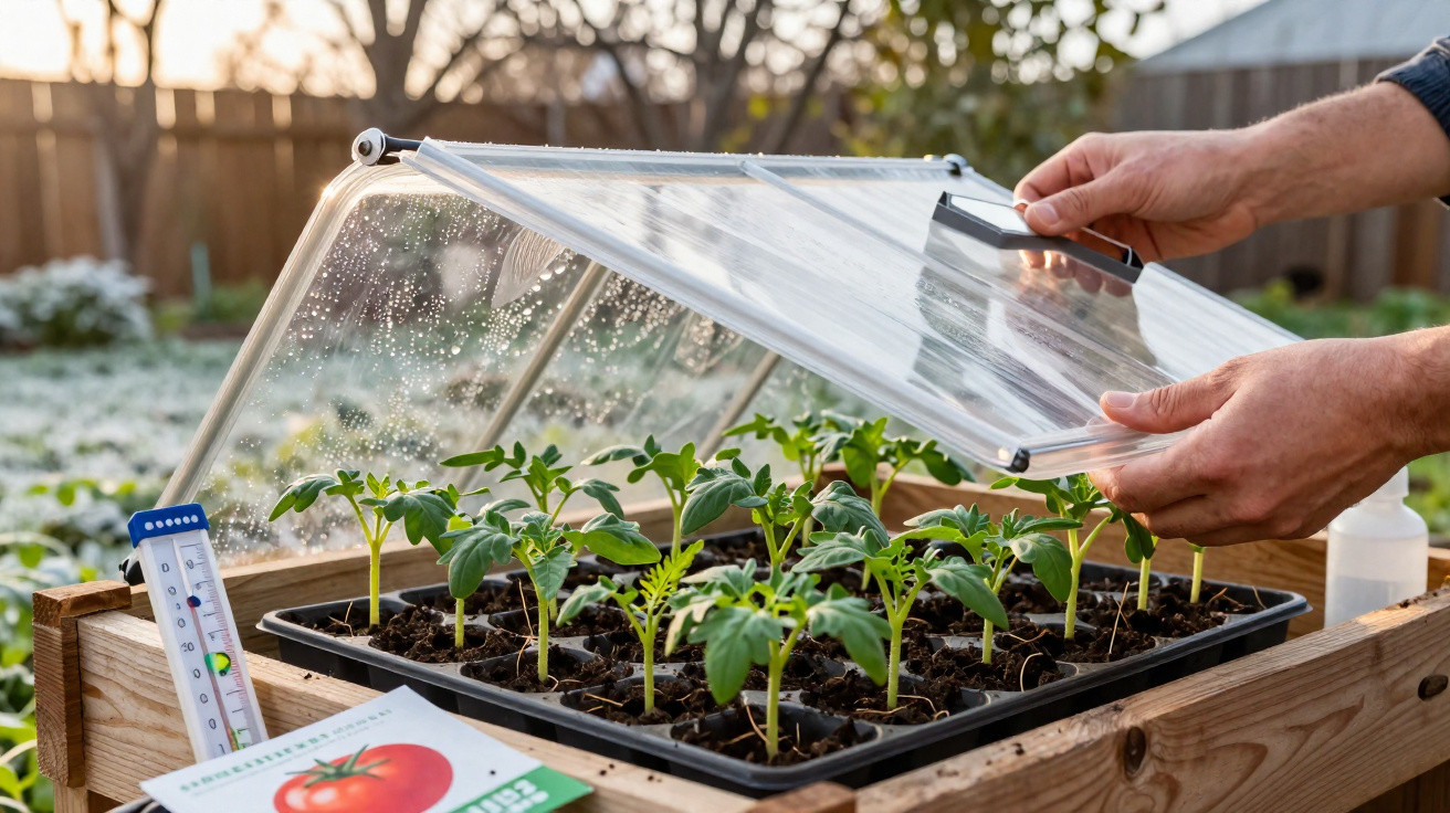 Mãos abrindo estufa pequena para mudas de tomate em vaso preto, termômetro e guia ao lado.