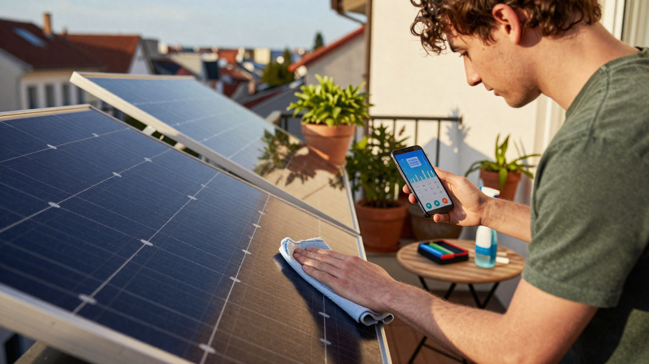 Homem limpa painéis solares enquanto monitora dados em celular em varanda ensolarada com plantas.