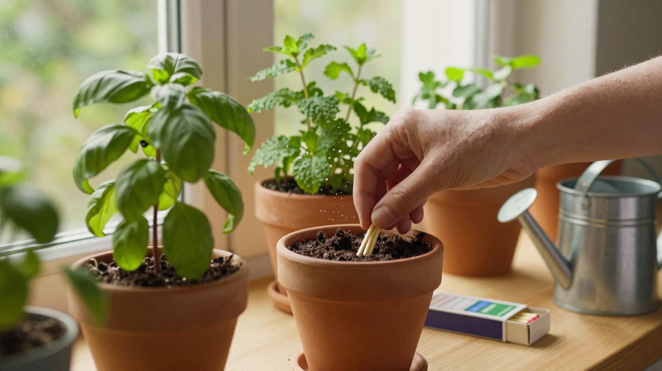 Pessoa plantando sementes em vaso de barro ao lado de outras plantas e regador na janela.
