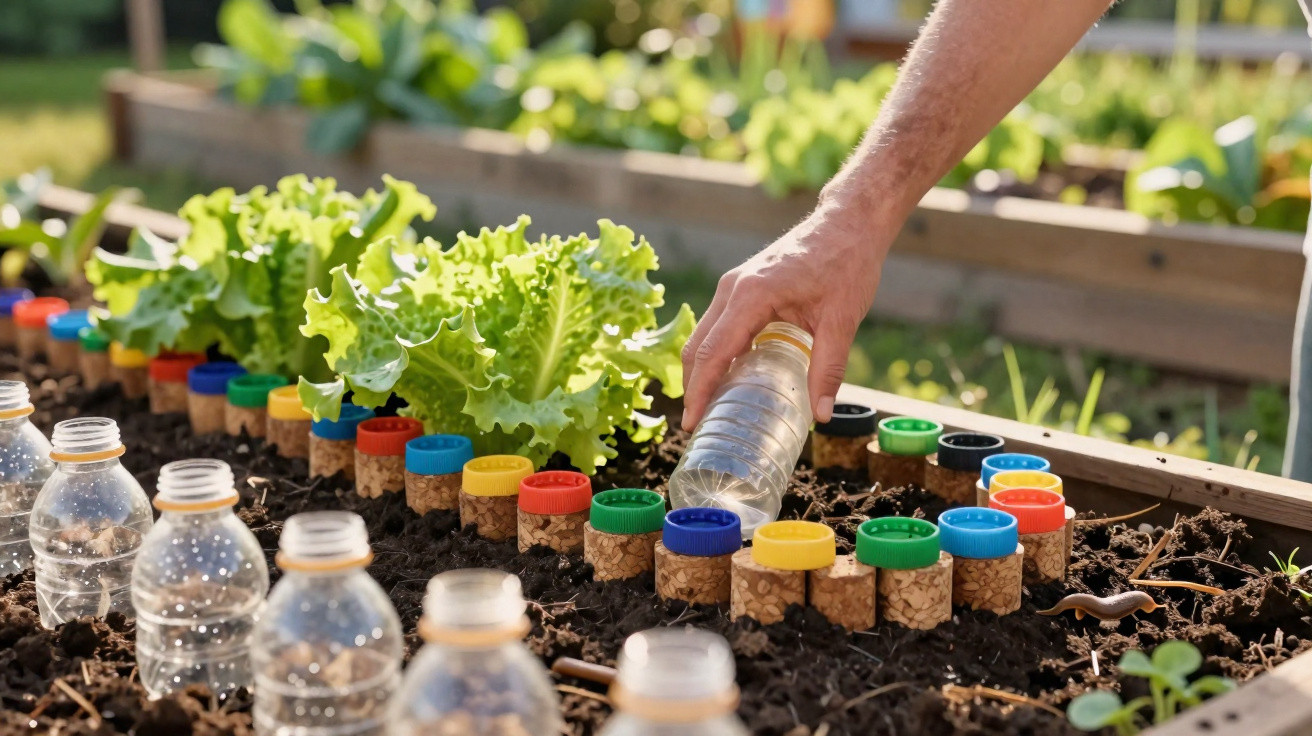 Mão regando plantas em horta com garrafas plásticas usadas e rolhas coloridas organizando as mudas.