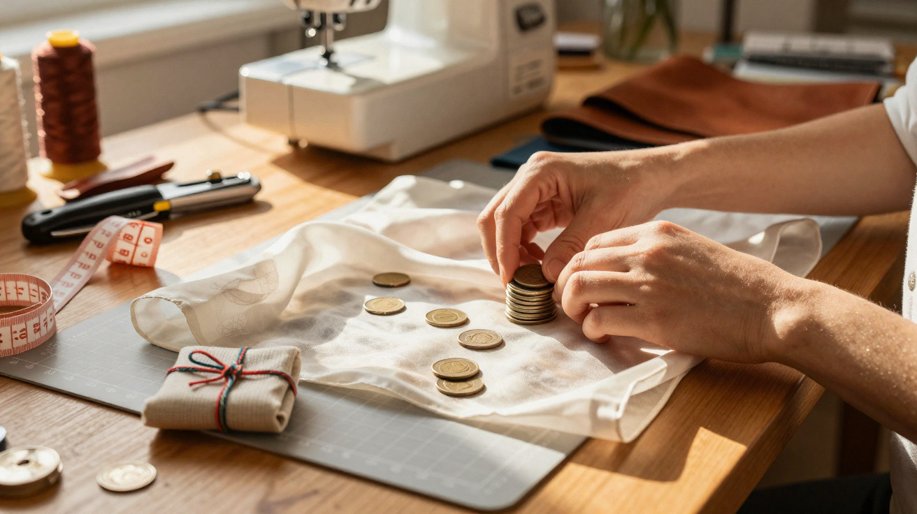 Mãos empilhando moedas sobre tecido branco em mesa com máquina de costura e fita métrica.