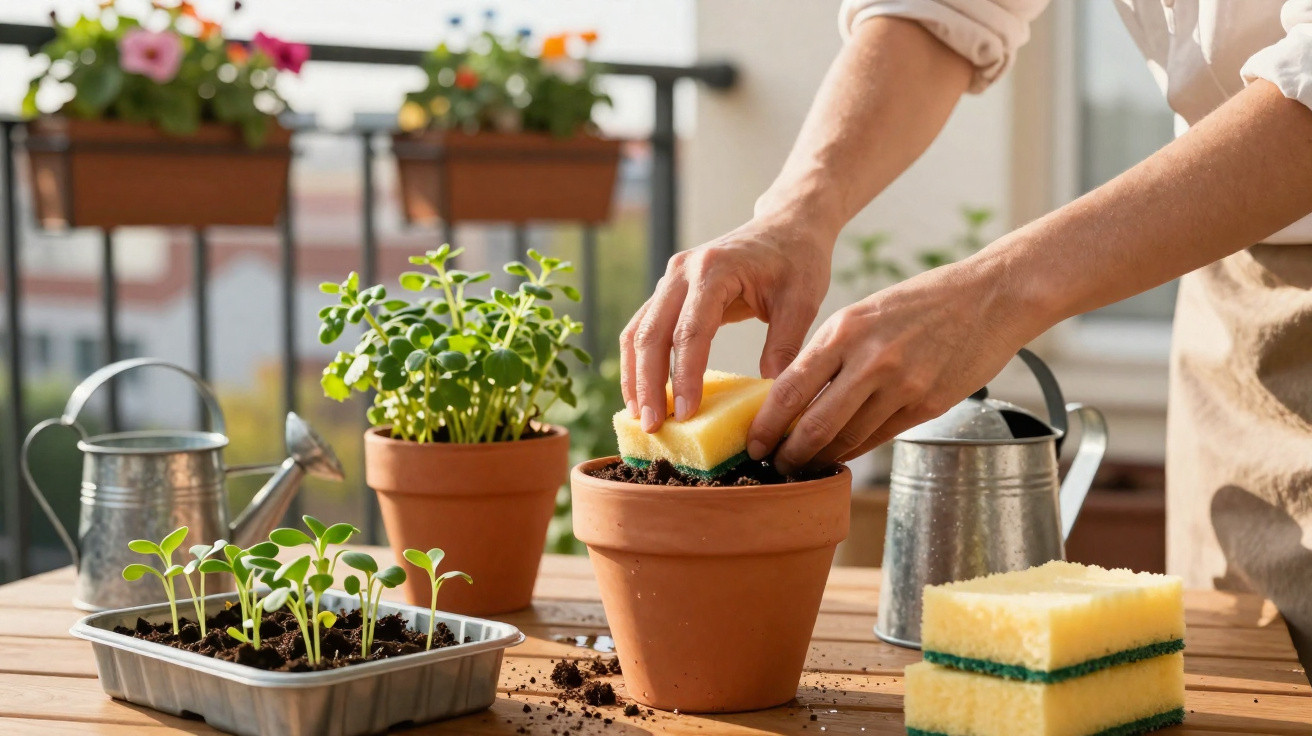 Pessoa cuidando de plantas em vasos com esponja úmida em varanda ensolarada.