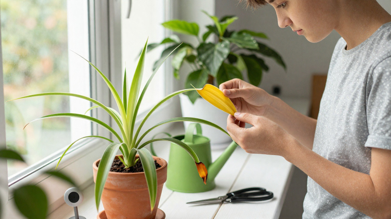 Pessoa observando folha amarela de planta em vaso na janela, com regador e tesoura ao lado.