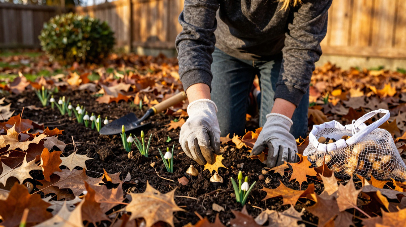 Pessoa com luvas plantando bulbos de flores na terra coberta por folhas secas de outono em um jardim.
