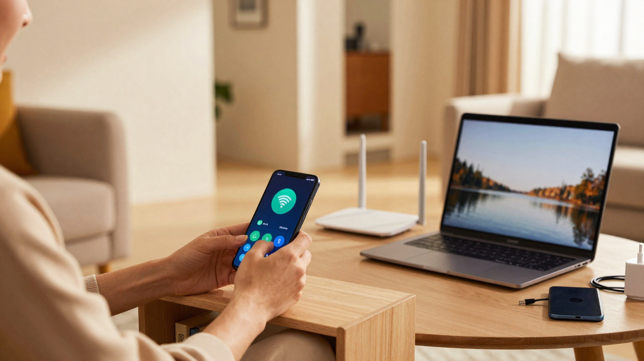Pessoa segurando celular com ícone de Wi-Fi, laptop e roteador sobre mesa de madeira em sala.