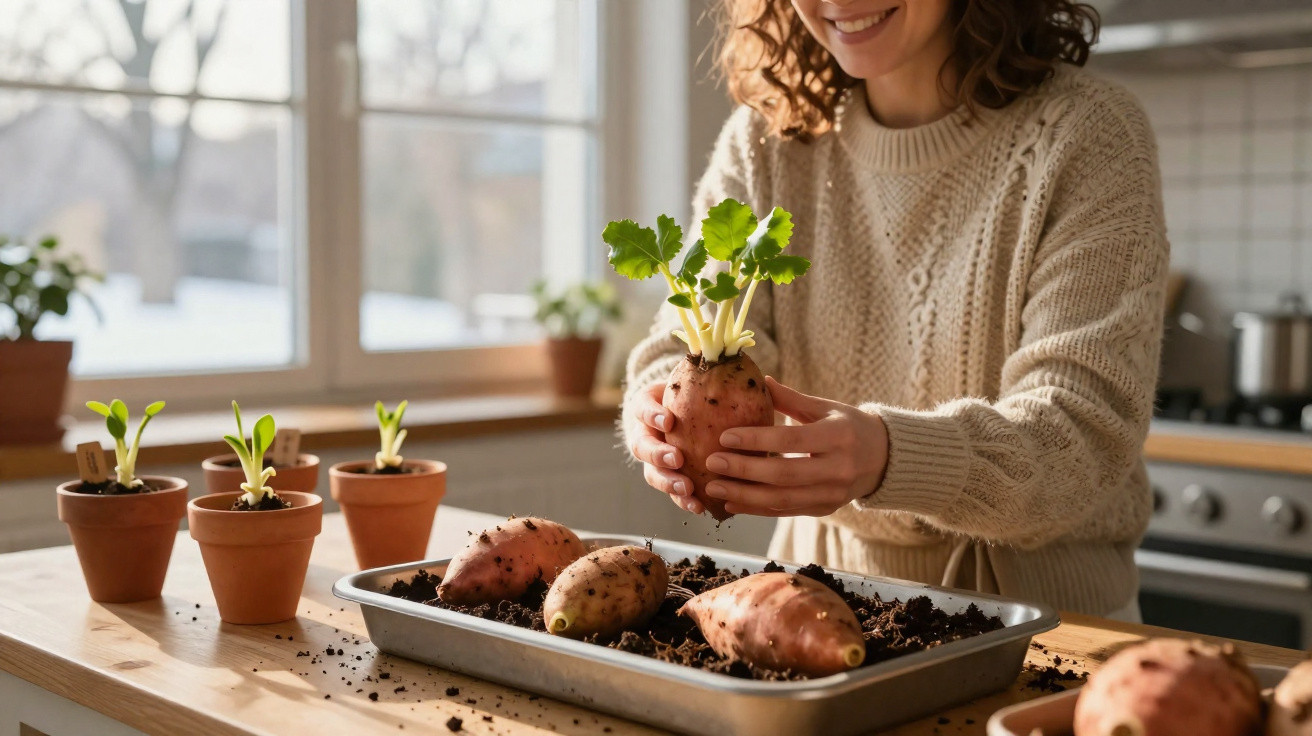 Mulher plantando batatas-doces em bandeja com terra dentro de cozinha iluminada.