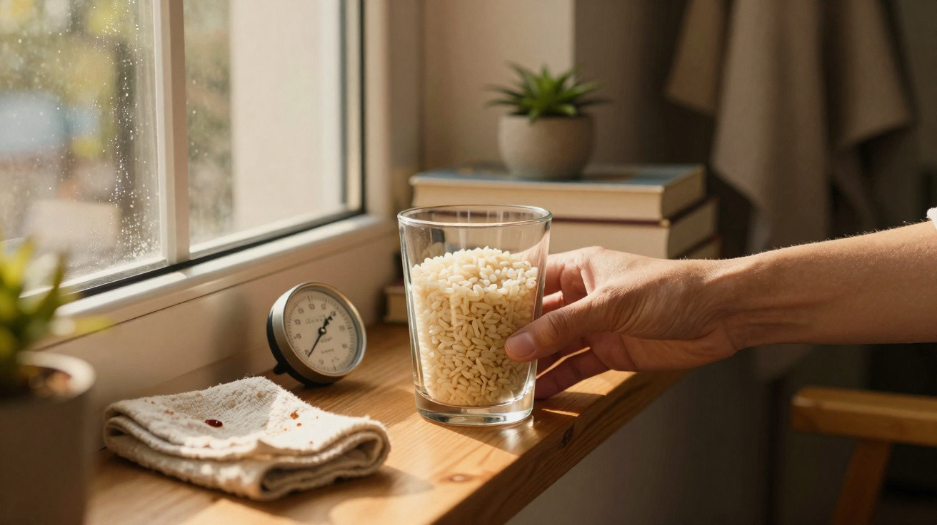 Mão segurando copo com grãos de arroz em parapeito de janela com toalha, relógio e plantas.