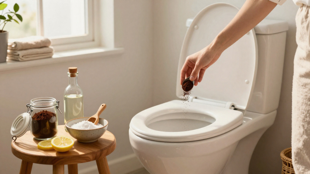 Pessoa jogando borra de café no vaso sanitário, com ingredientes naturais sobre banco ao lado.
