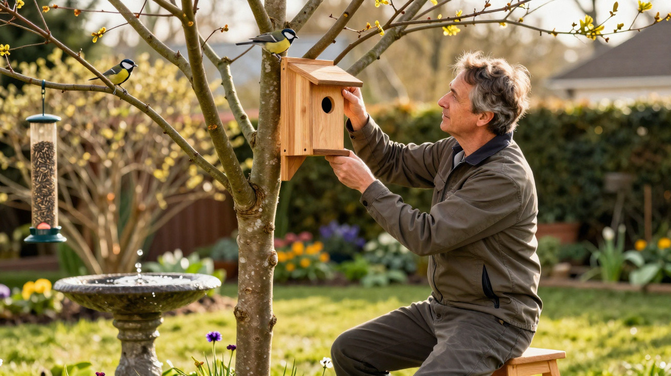 Homem instalando casa de pássaros em árvore no jardim com dois pássaros próximos e bebedouro ao fundo.