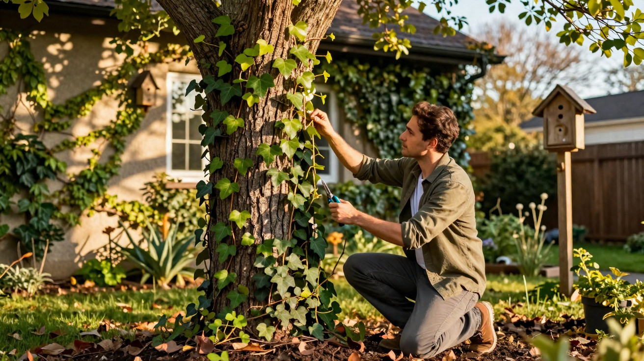 Homem agachado podando planta trepadeira em árvore no jardim de casa ao entardecer.