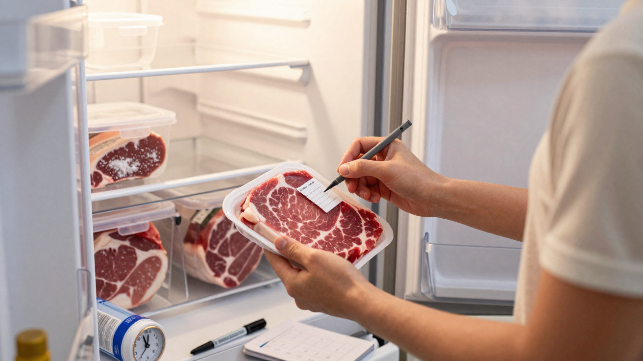 Pessoa anotando informações em embalagem de carne dentro de geladeira aberta.