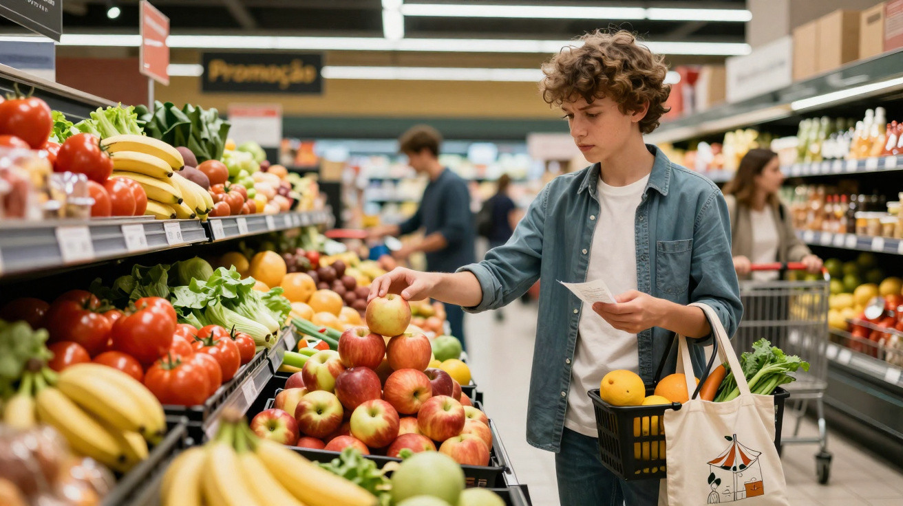 Jovem homem escolhendo maçãs em seção de frutas frescas dentro de supermercado.