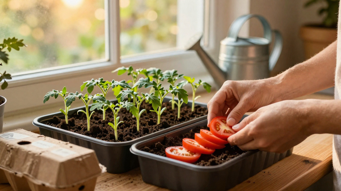 Mãos colocando fatias de tomate em bandeja com terra ao lado de mudas de tomate em bandeja, perto da janela.