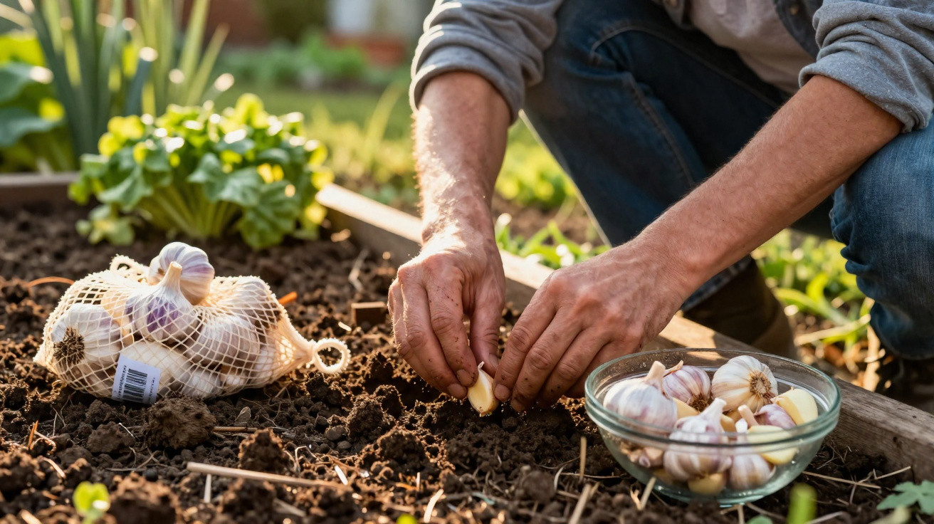 Pessoa plantando dentes de alho em solo de horta com saco e tigela contendo cabeças de alho ao lado.
