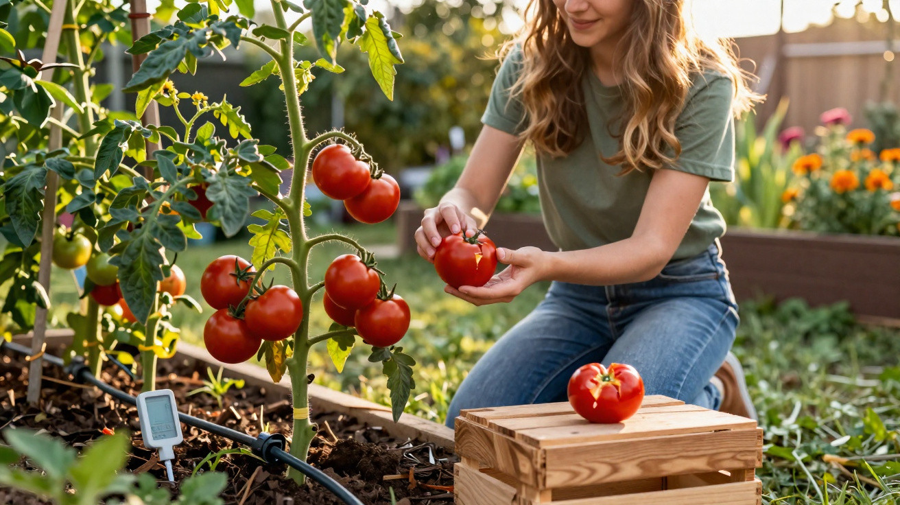 Mulher colhendo tomates maduros em planta cultivada em jardim ao ar livre.