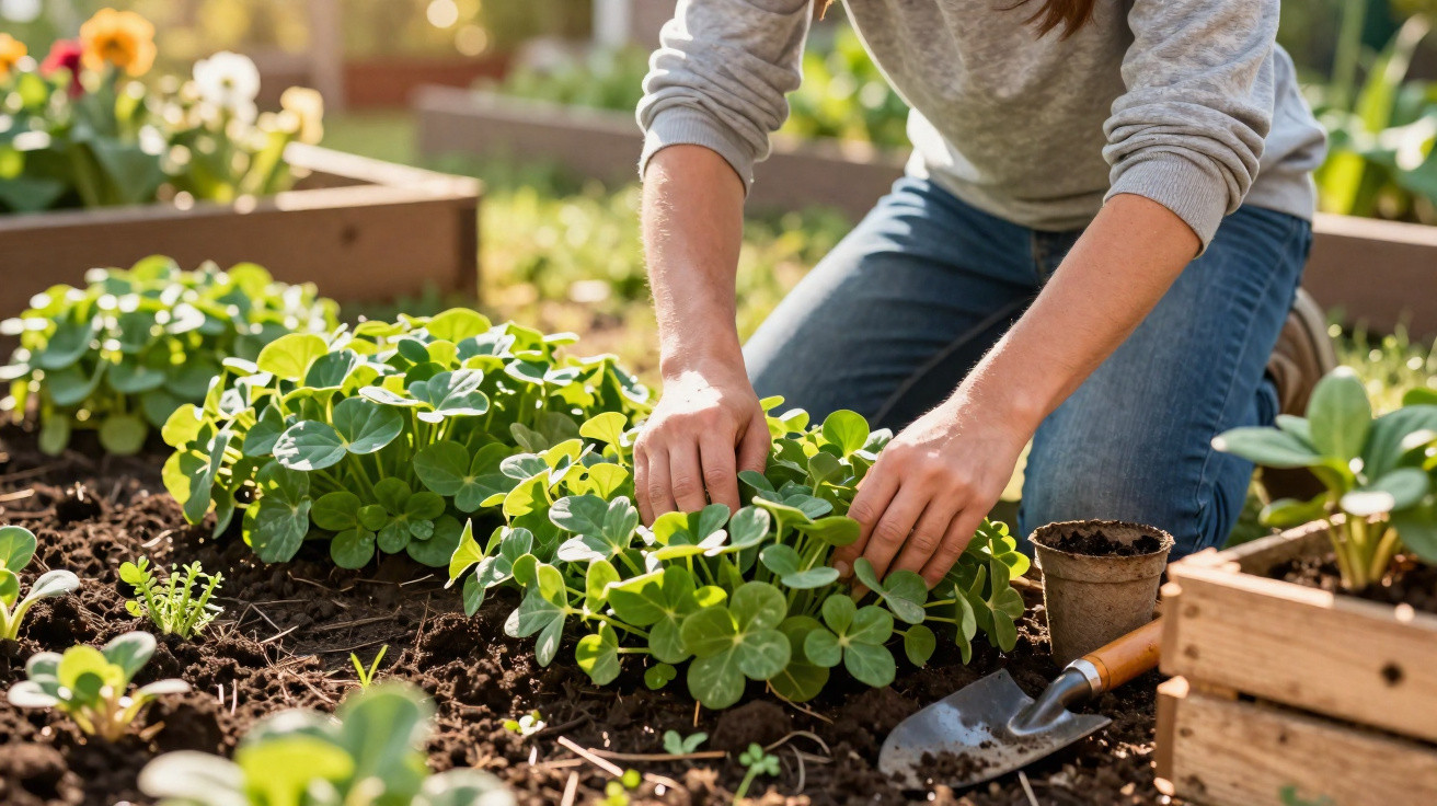 Pessoa cuidando de plantas verdes em canteiro de jardim ensolarado, com ferramentas de jardinagem por perto.