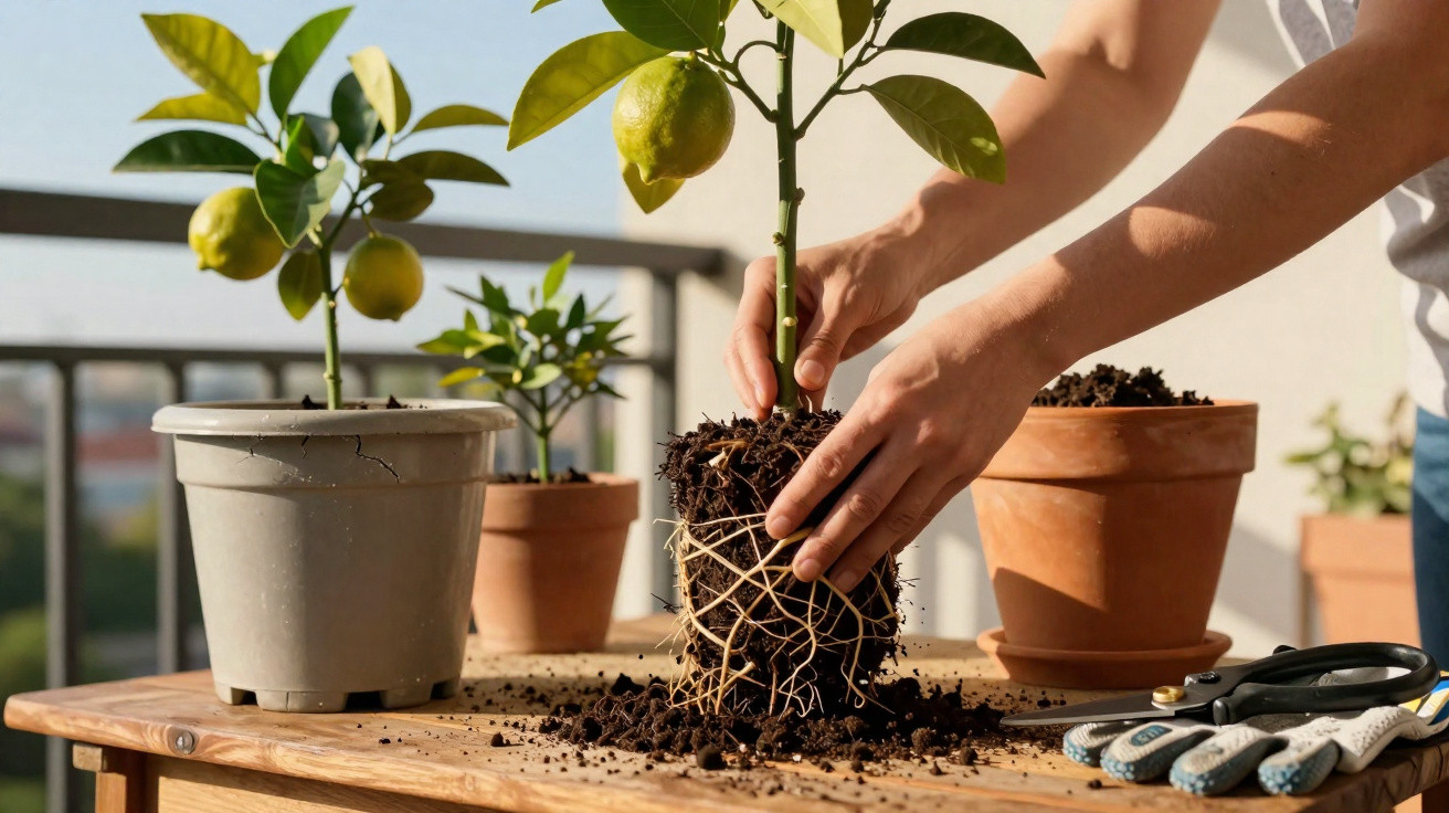 Pessoa transplantando muda de limão em vaso na varanda com outras plantas e ferramentas de jardinagem.