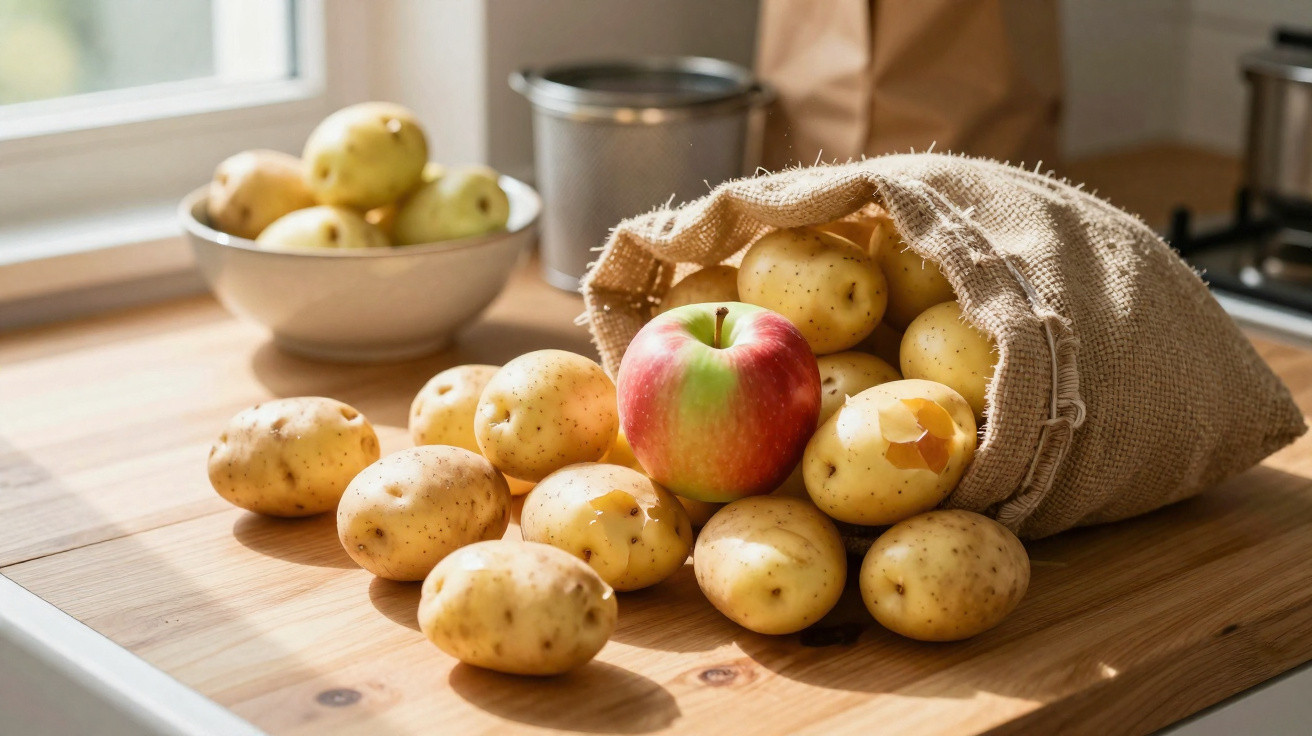 Sacola de tecido com batatas espalhadas e maçã vermelha sobre bancada de madeira na cozinha.