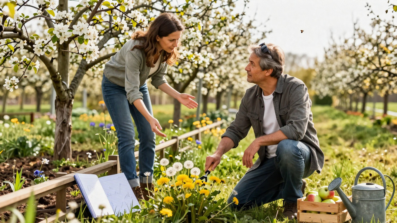Homem ajoelhado cuidando de flores enquanto mulher observa em pomar de árvores floridas.
