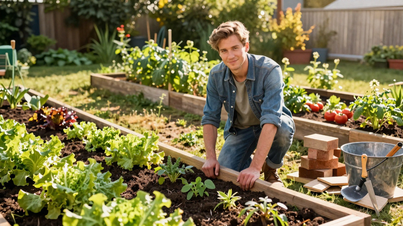 Jovem cuidando de horta com alface e outros vegetais em canteiros de madeira no jardim.
