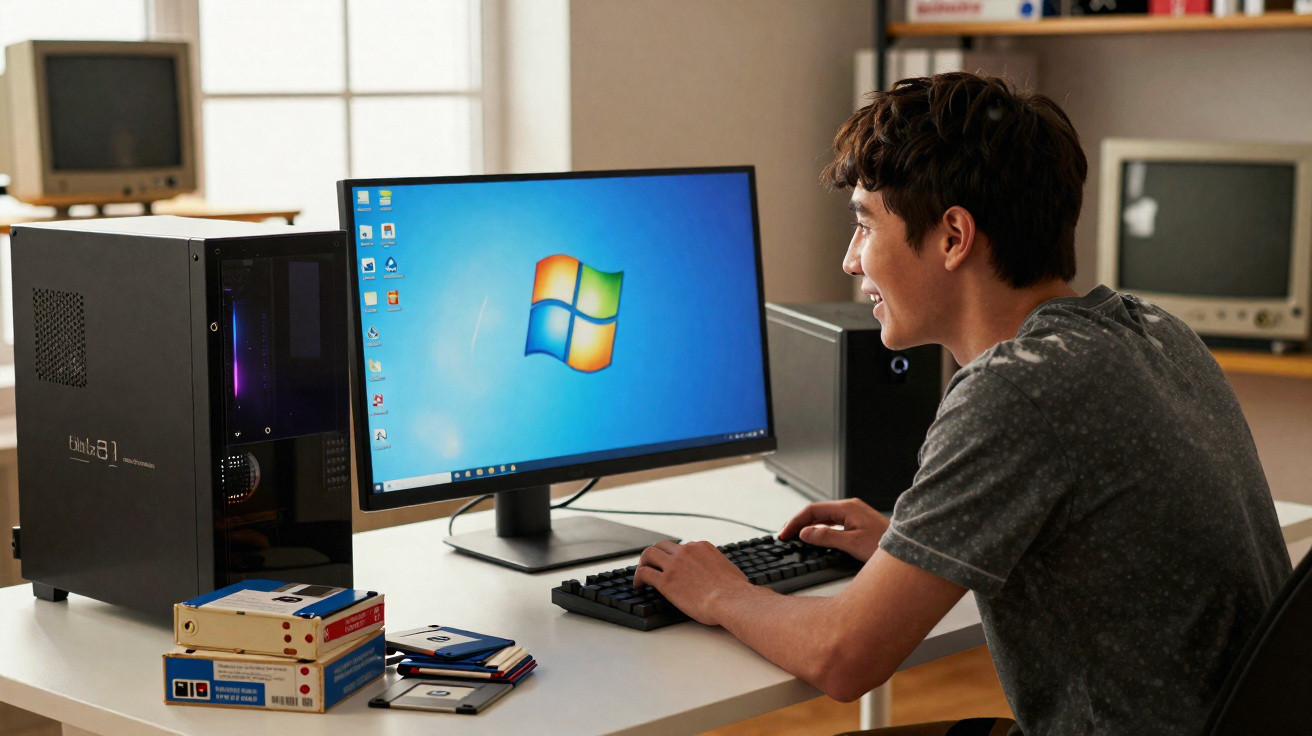 Jovem sorrindo usa computador desktop com sistema Windows em mesa com disquetes antigos.