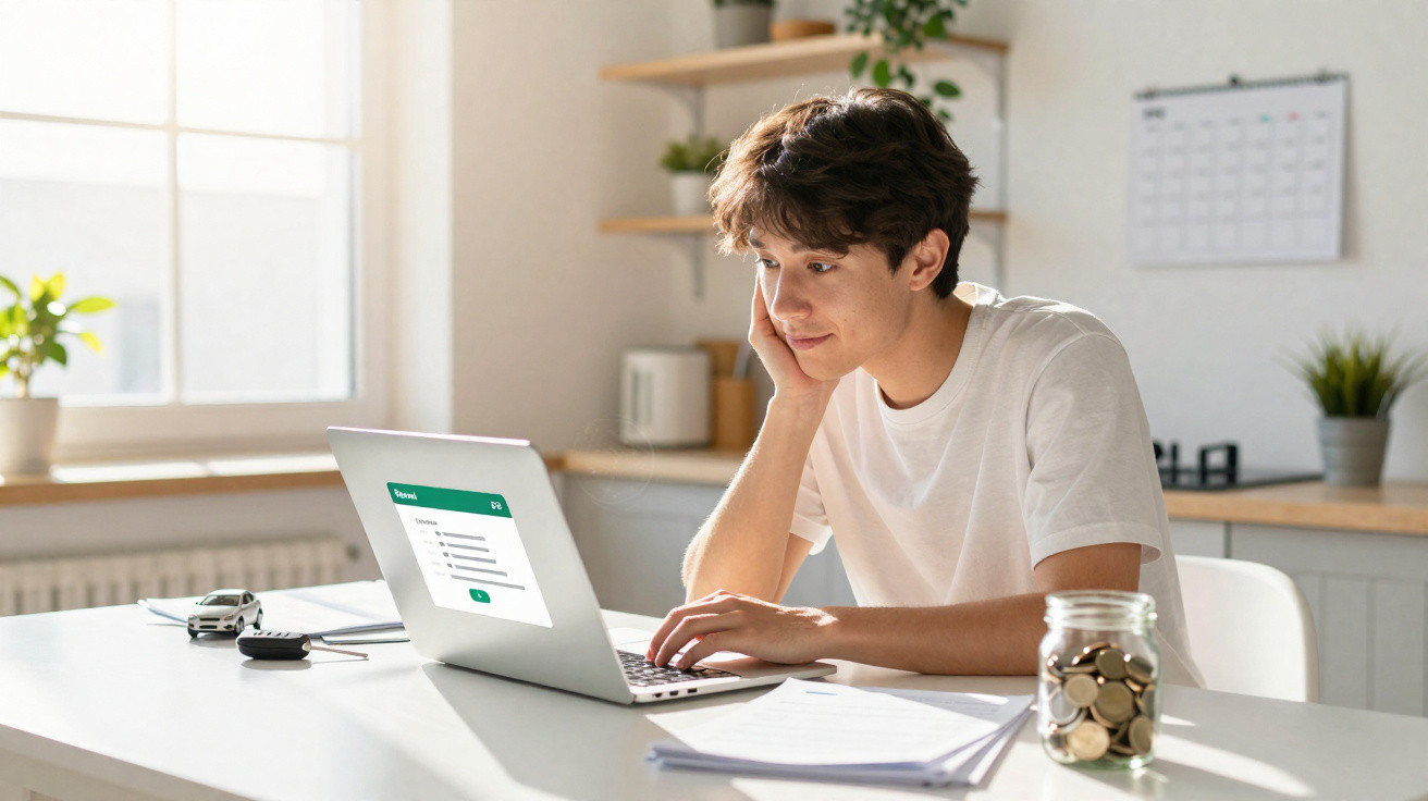 Jovem sentado à mesa estudando no notebook, com documentos e pote de moedas ao lado.