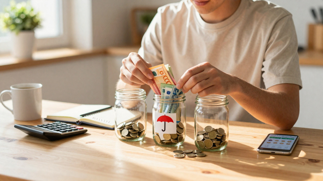 Pessoa organizando dinheiro em potes de vidro para economizar e planejar finanças pessoais em uma mesa.