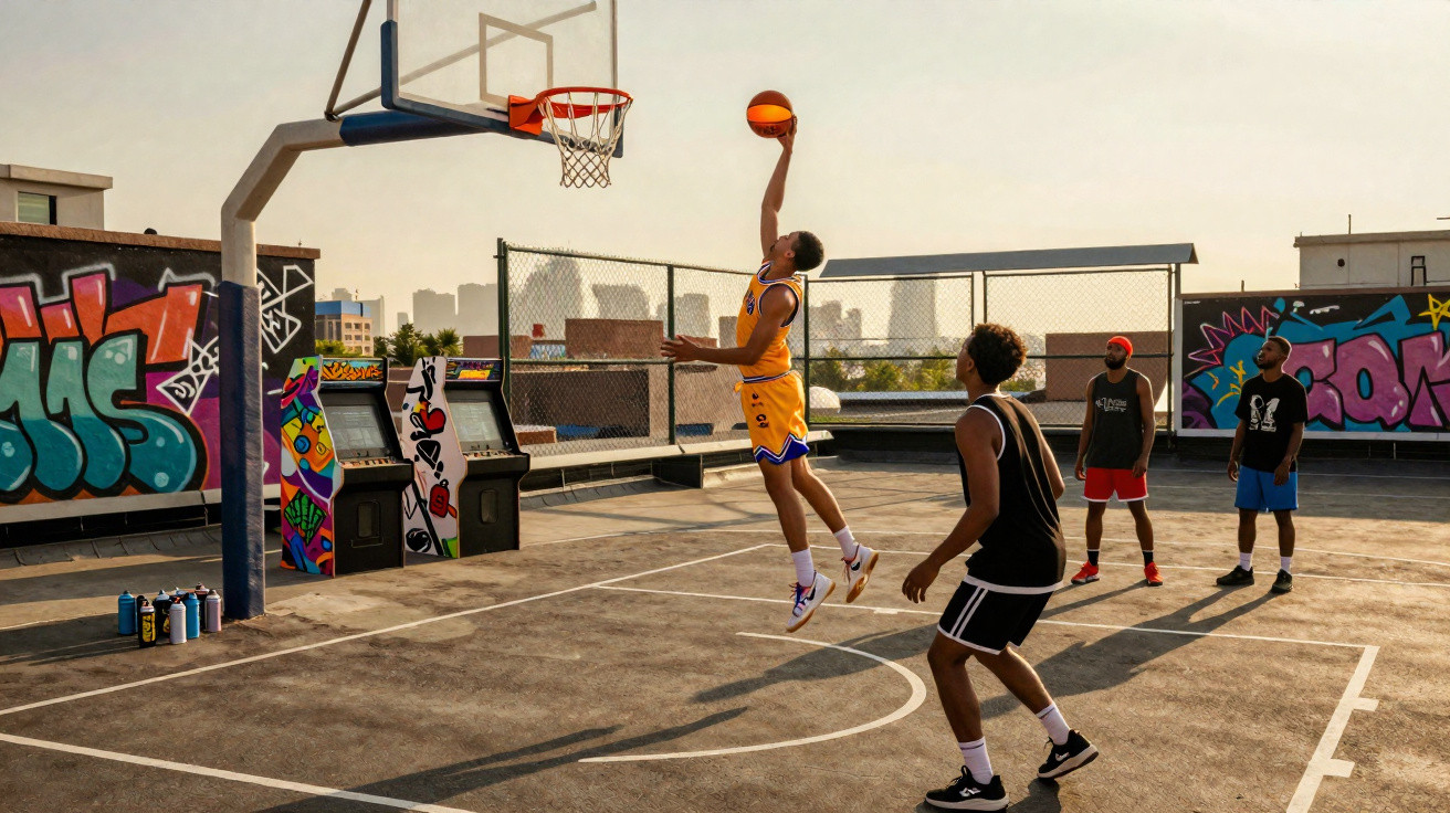 Jovem em uniforme amarelo pula para fazer cesta enquanto três amigos assistem em quadra de basquete ao ar livre.