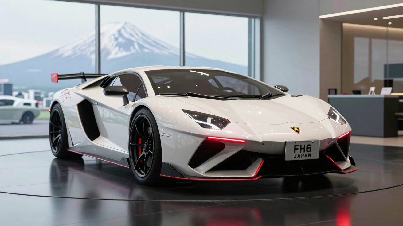 Carro esportivo branco Lamborghini exibido em showroom com janela ampla e montanha ao fundo.