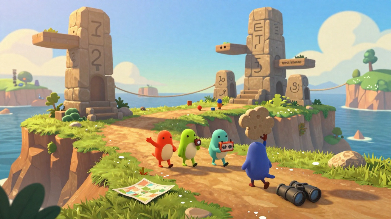 Quatro personagens coloridos caminhando por uma trilha em ilha com pedras grandes e vista para o mar.