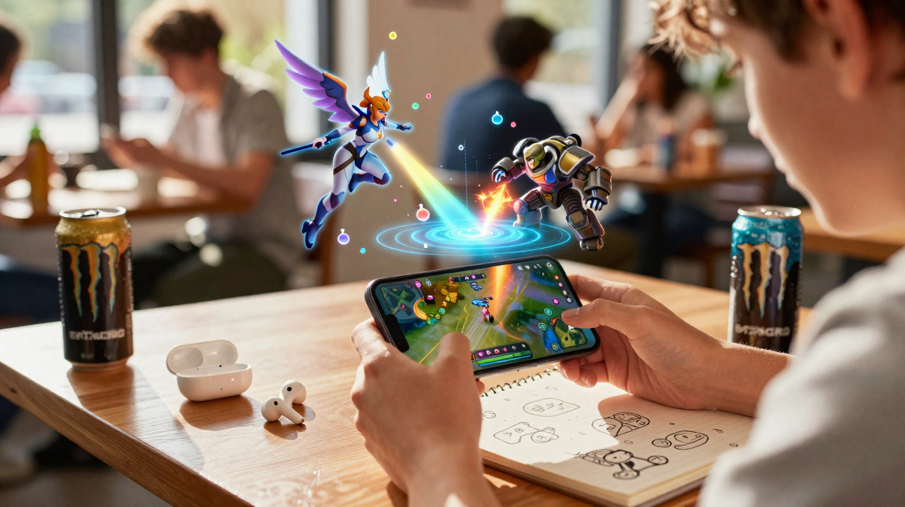 Pessoa jogando game no celular com personagens animados em realidade aumentada flutuando sobre a mesa.