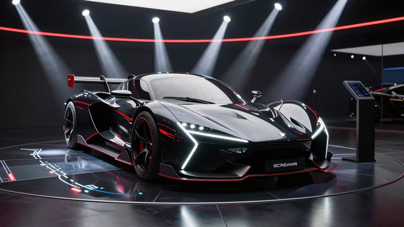 Carro esportivo preto futurista com luzes LED em destaque em exposição iluminada por holofotes.