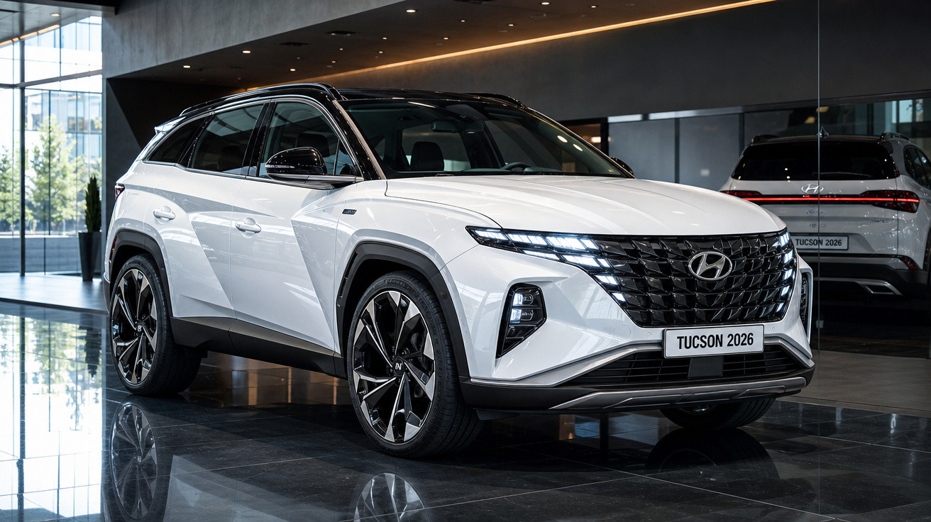 Carro SUV Hyundai Tucson 2026 branco com teto preto em showroom moderno com piso refletivo.
